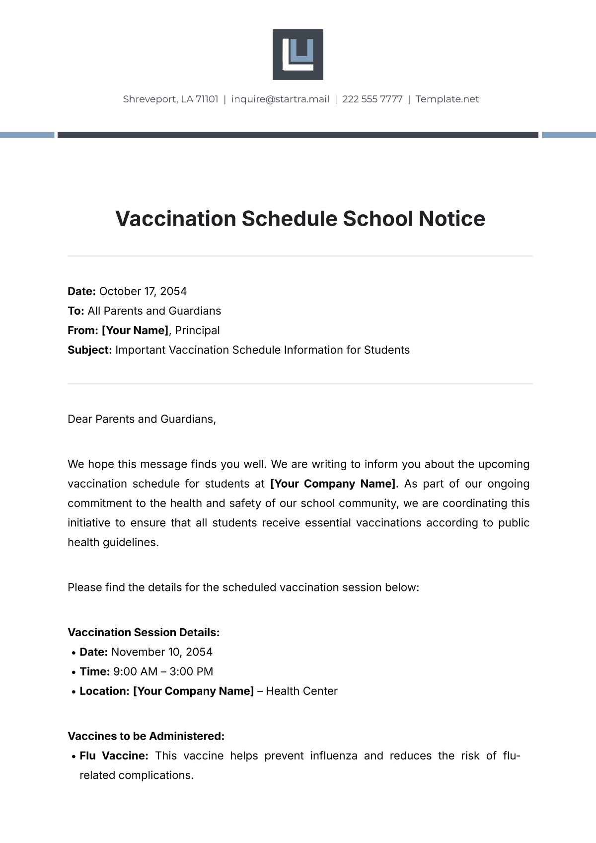 Vaccination Schedule School Notice Template - Edit Online & Download