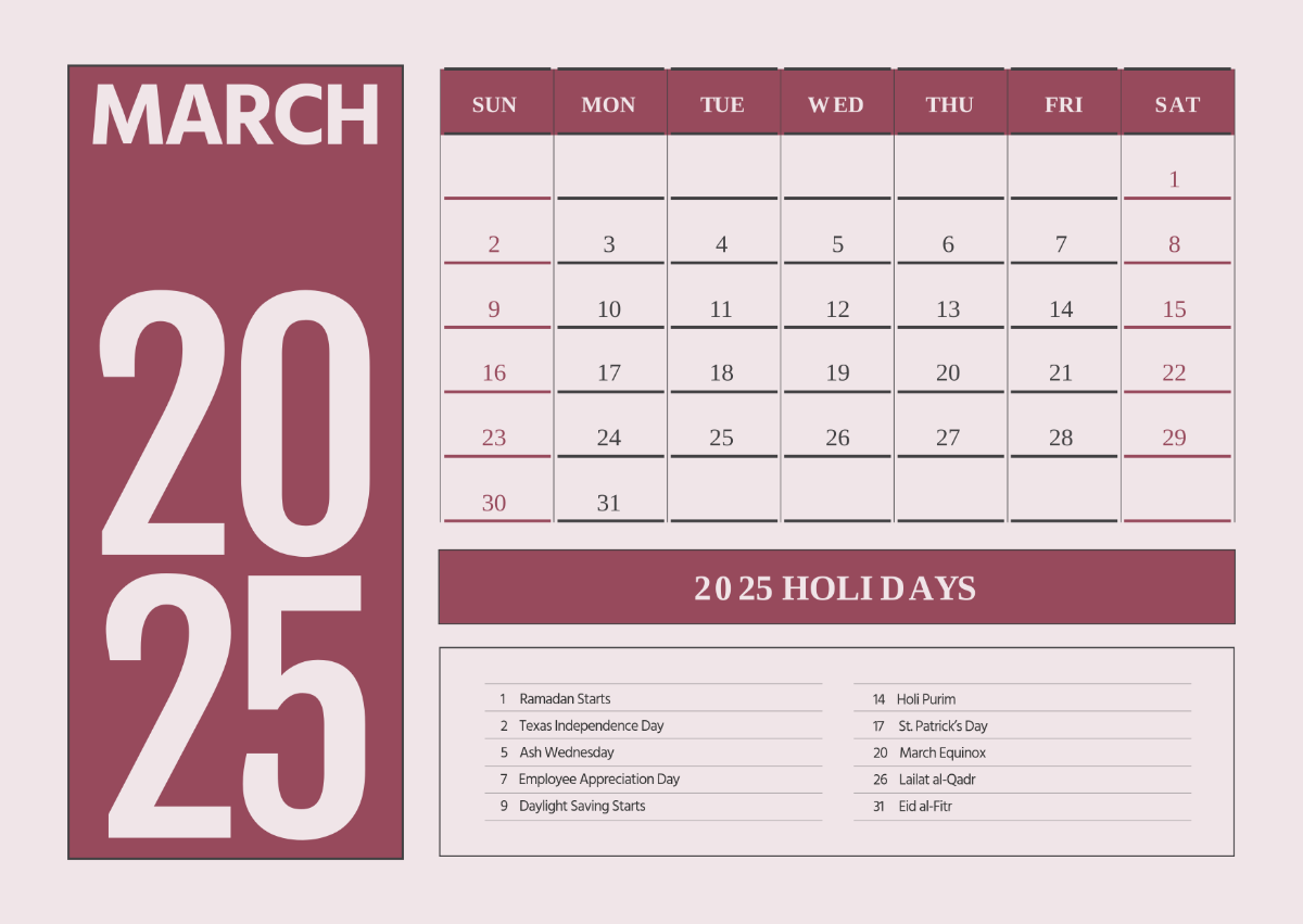 March 2025 Calendar with Holidays Template