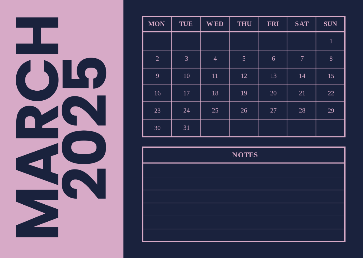 Editable March 2025 Calendar Template