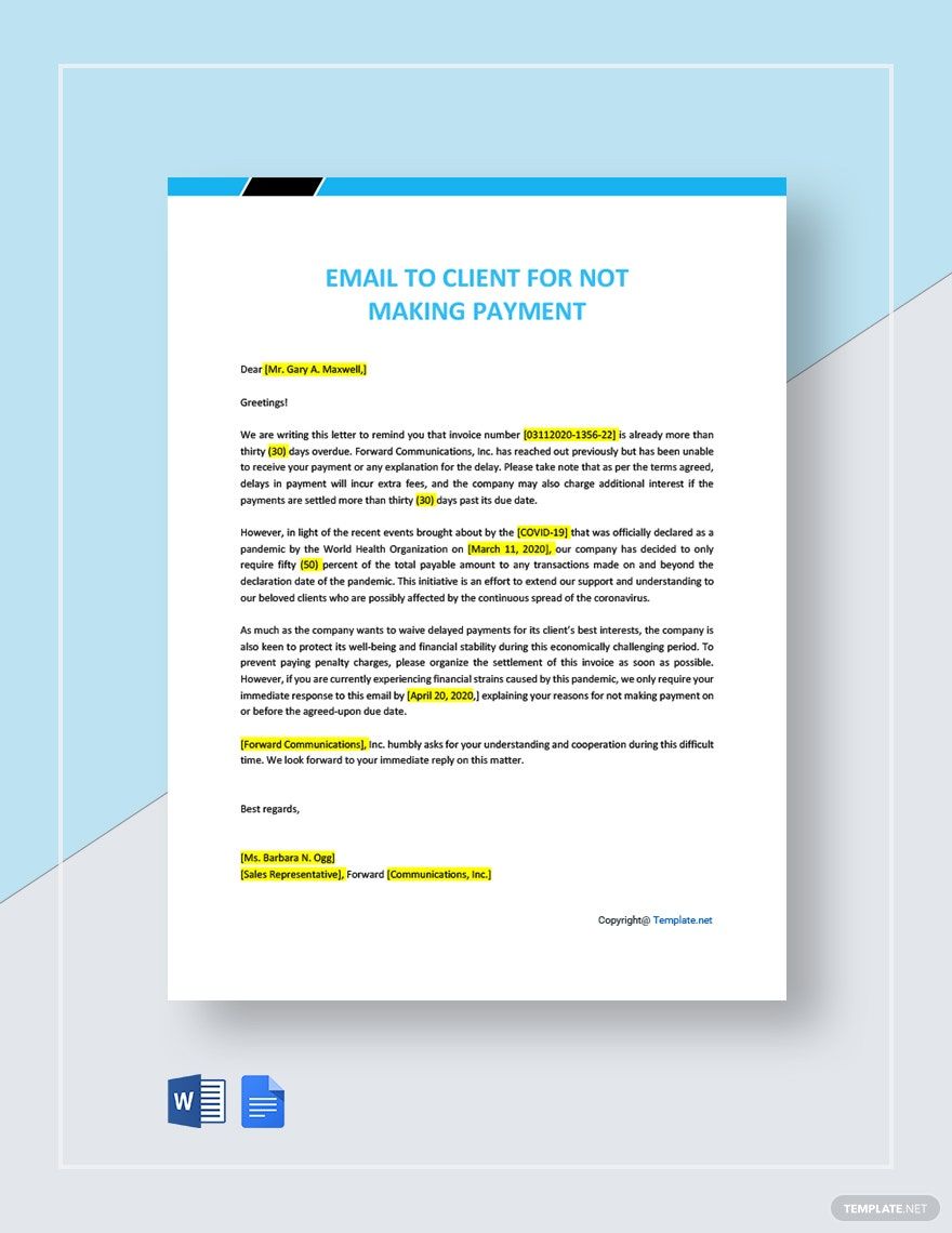 Email To Client For Not Making Payment Template in Word, Google Docs, PDF