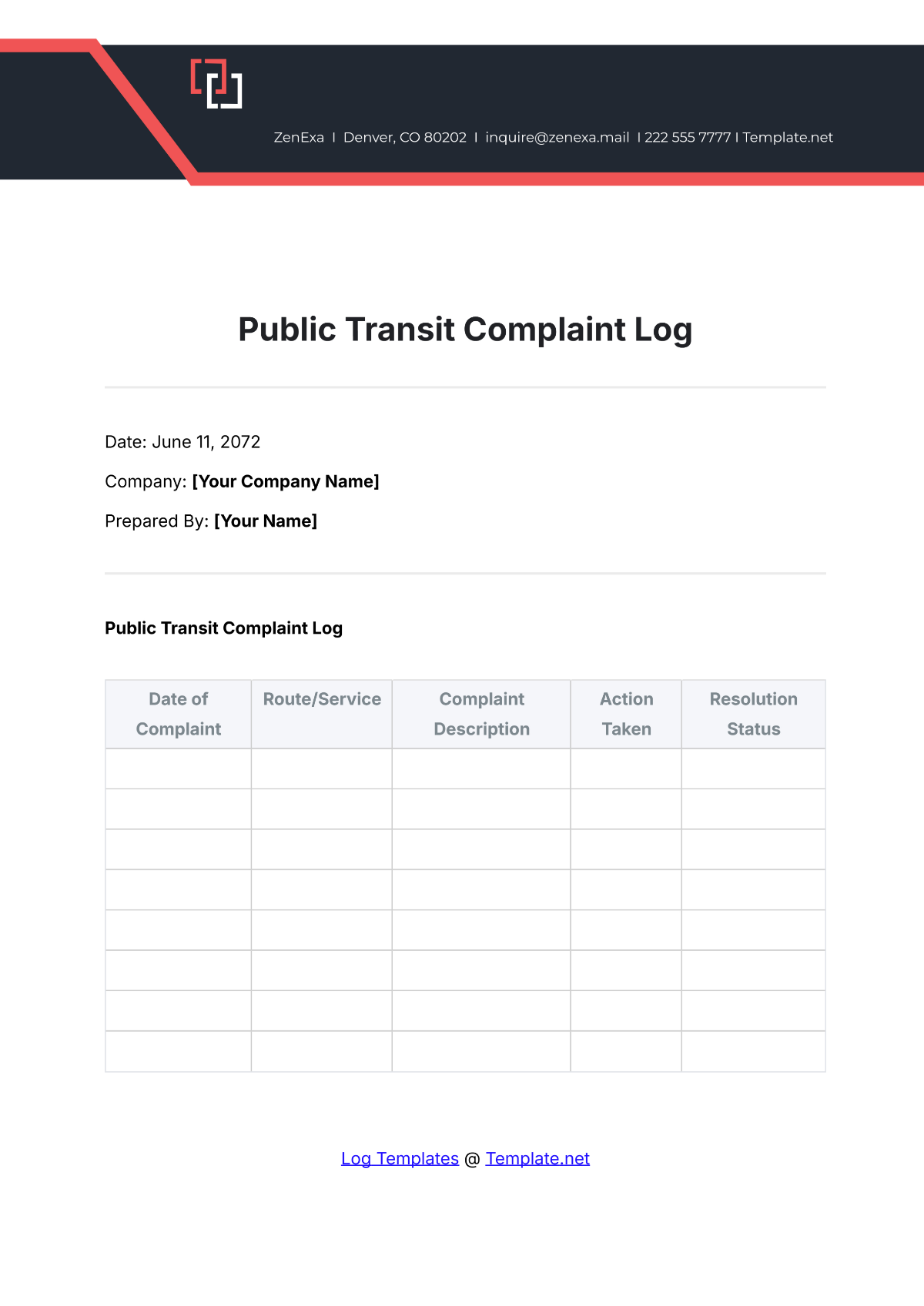 Public Transit Complaint Log Template - Edit Online & Download