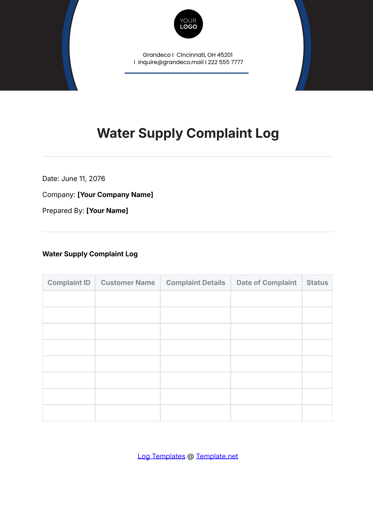 Water Supply Complaint Log Template - Edit Online & Download