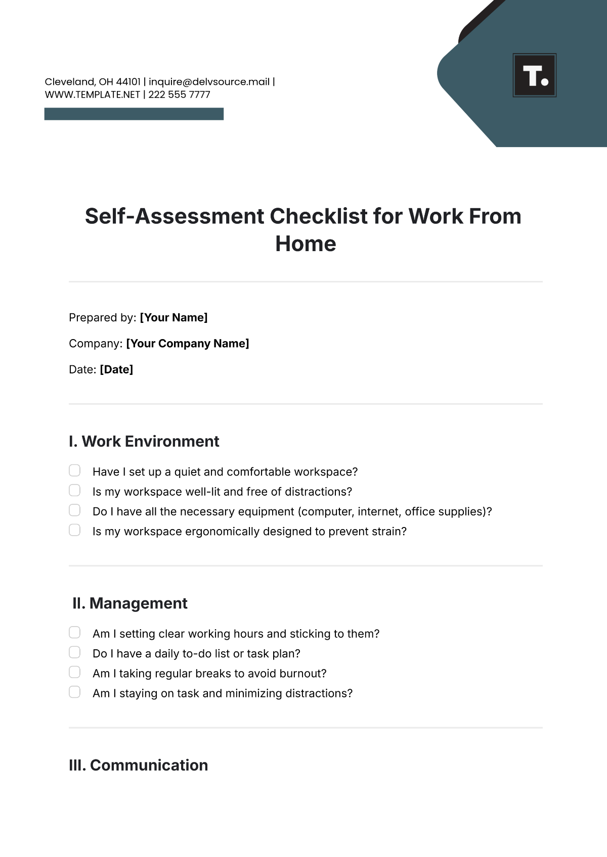 Self-Assessment Checklist for Work From Home Template - Edit Online & Download