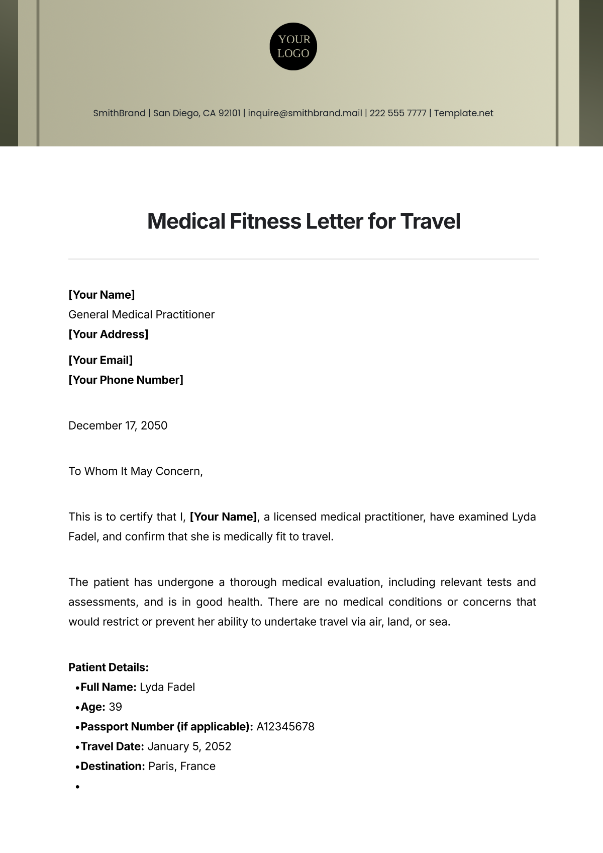 Medical Fitness Letter for Travel Template - Edit Online & Download