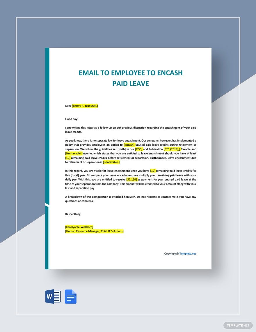 Email To Employee To Encash Paid Leave Template in Word, Google Docs, PDF