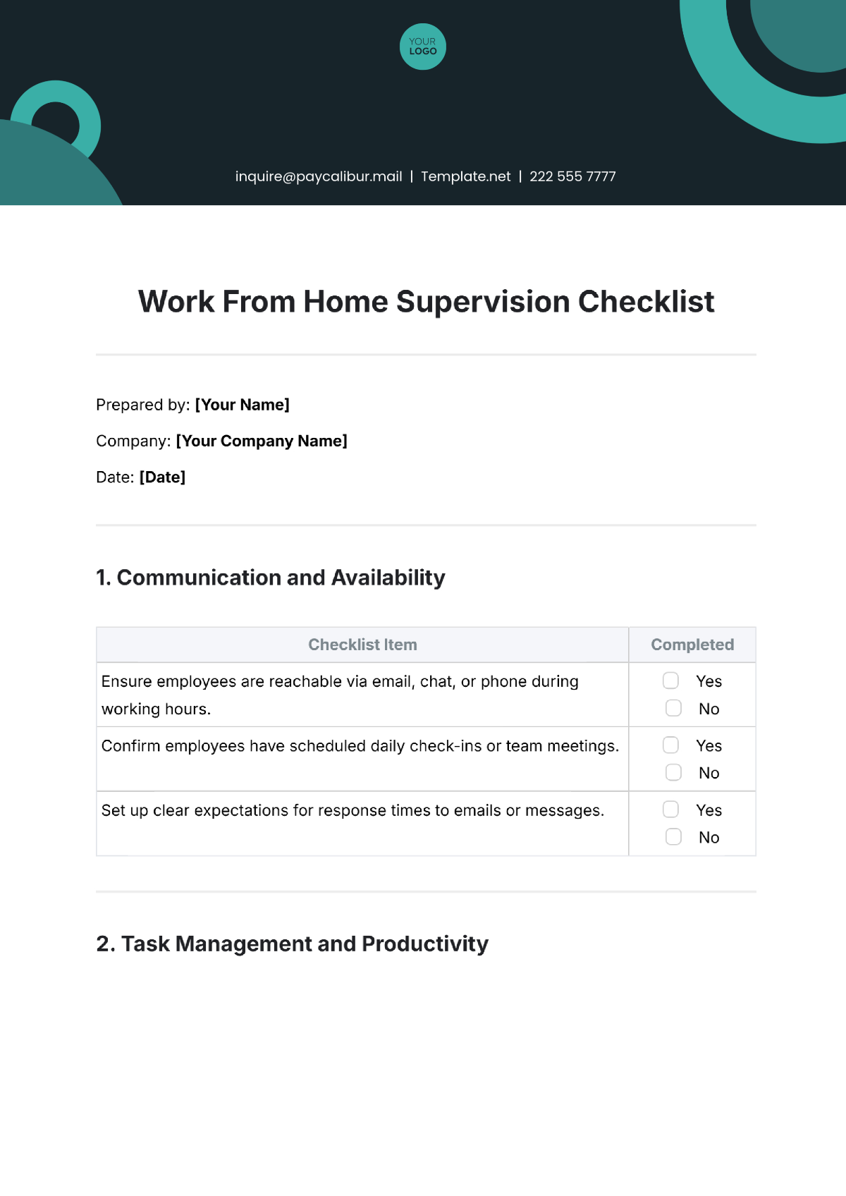 Work From Home Supervision Checklist Template - Edit Online & Download