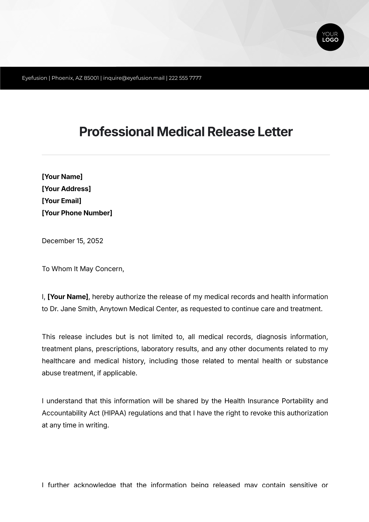 Professional Medical Release Letter Template