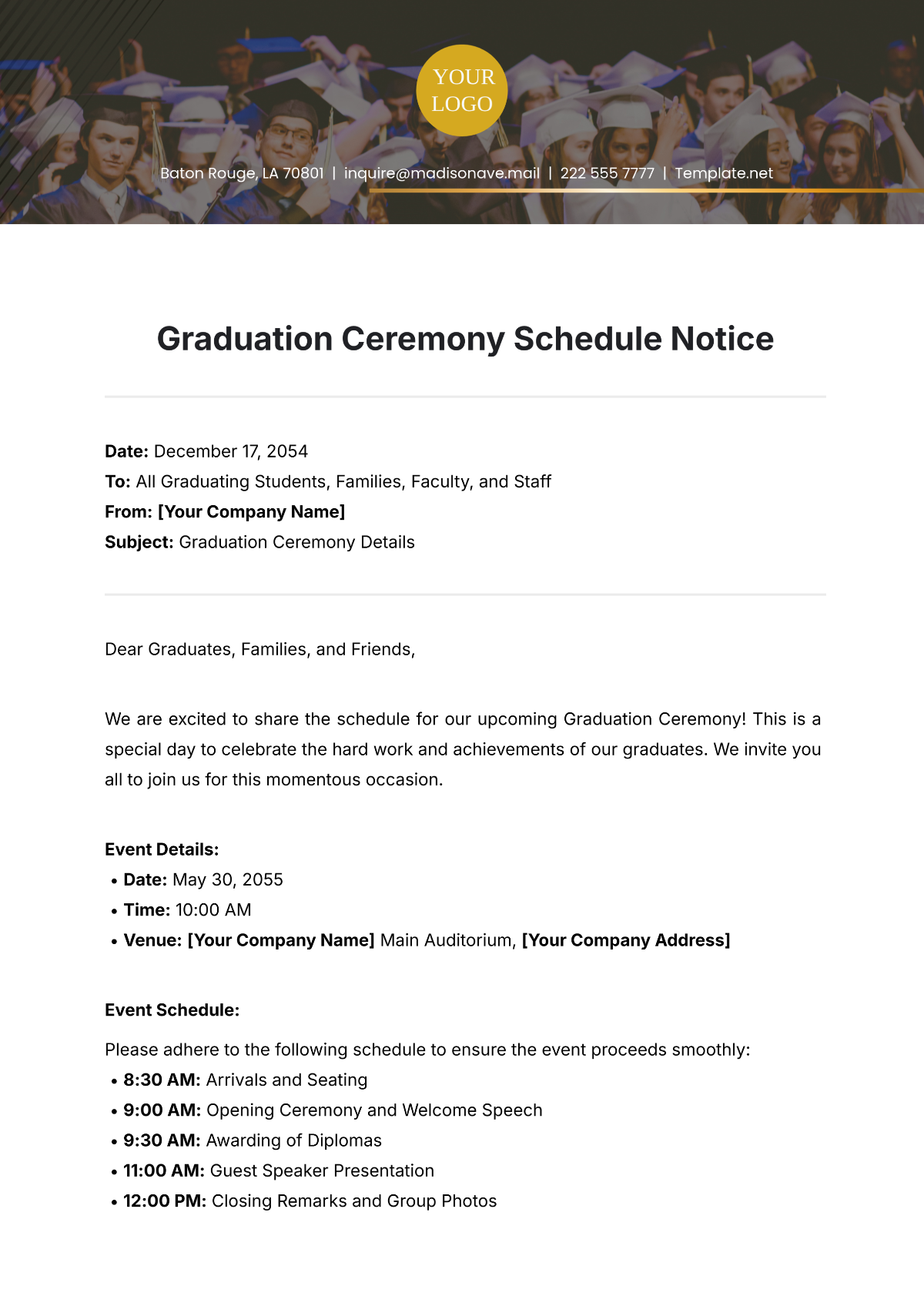 Graduation Schedule School Notice Template - Edit Online & Download