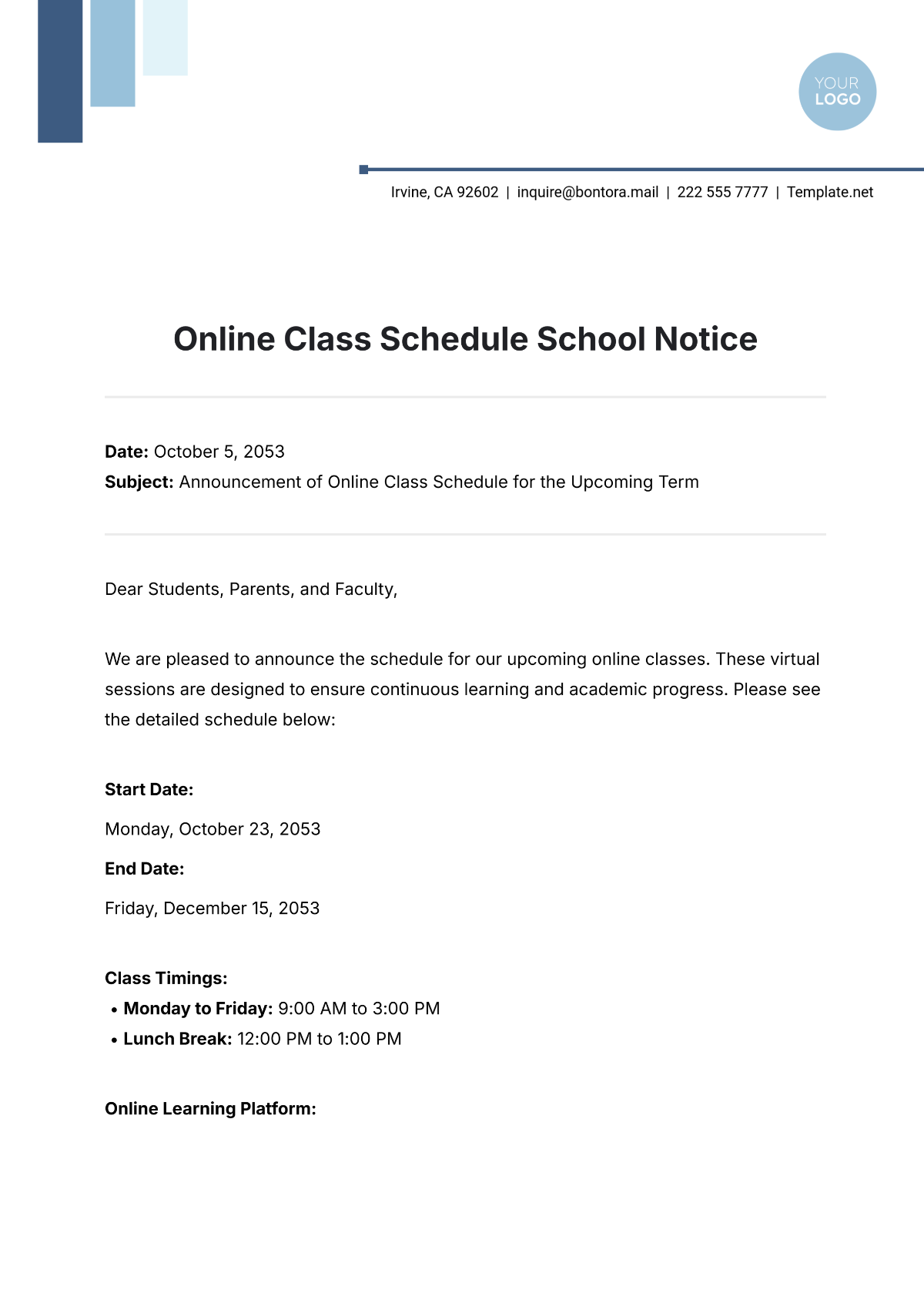 Online Class Schedule School Notice Template - Edit Online & Download