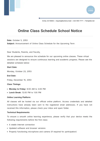 Free Online Class Schedule School Notice Template to Edit Online