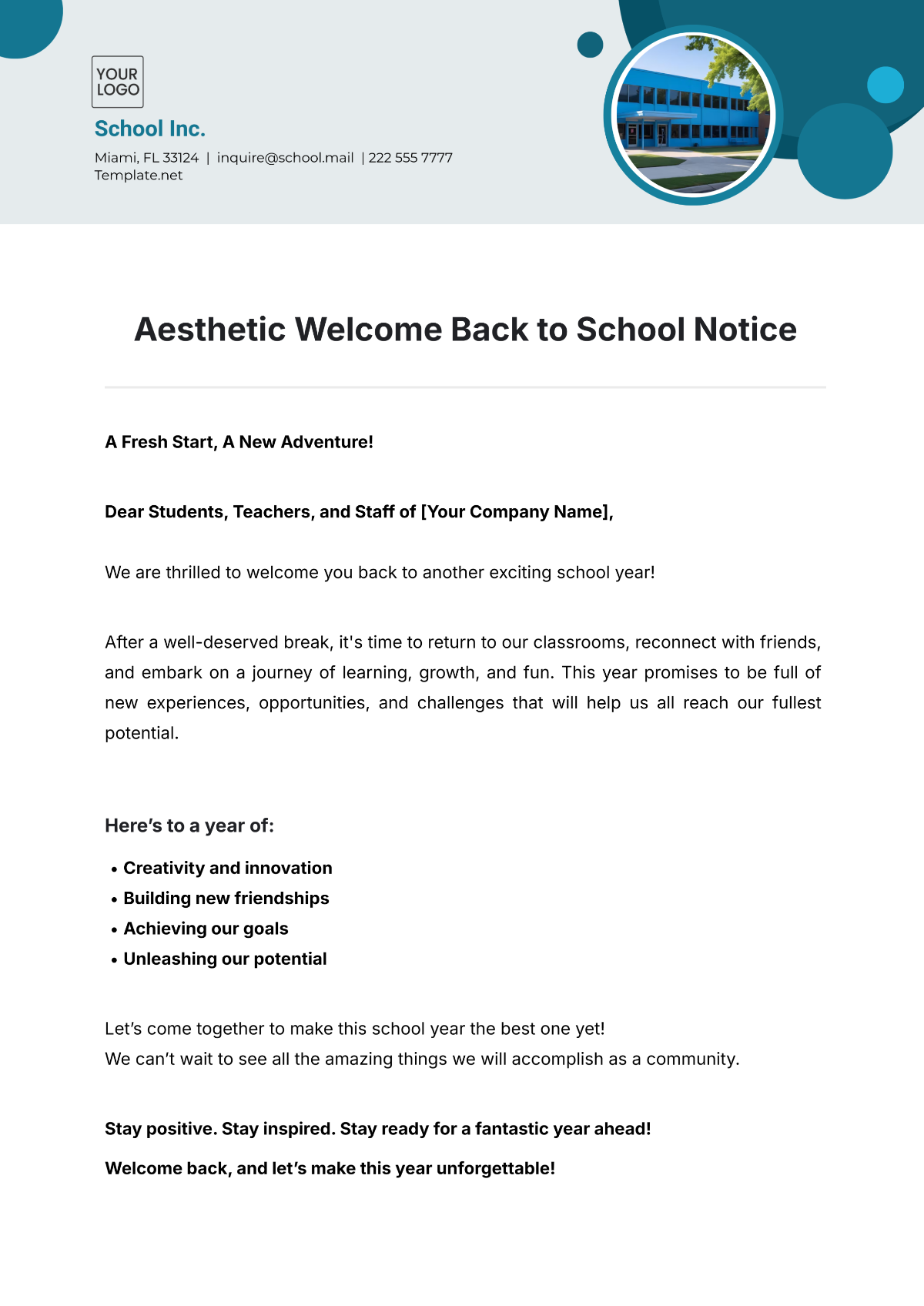 Aesthetic Welcome Back to School Notice Template