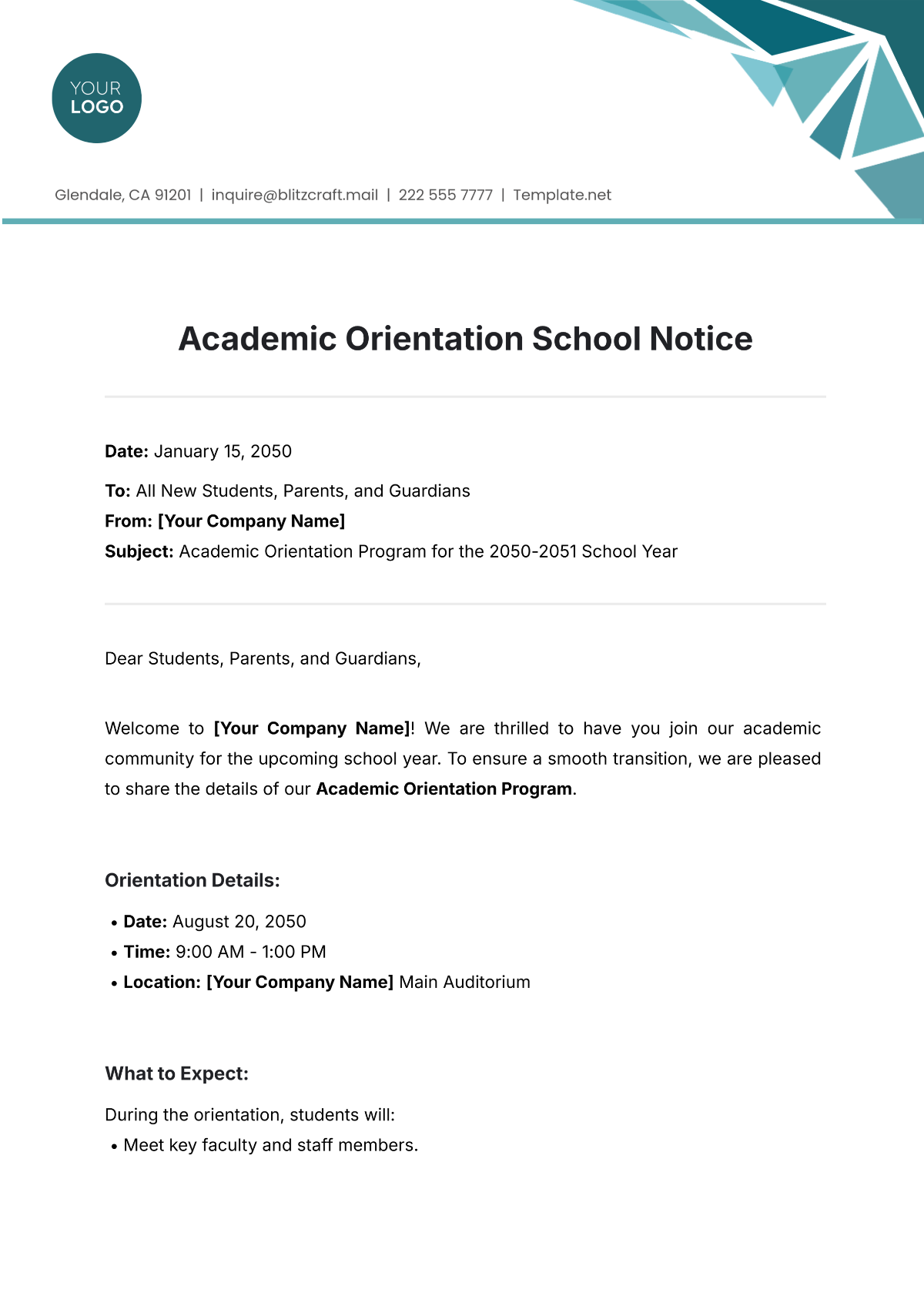 Academic Orientation School Notice Template - Edit Online & Download