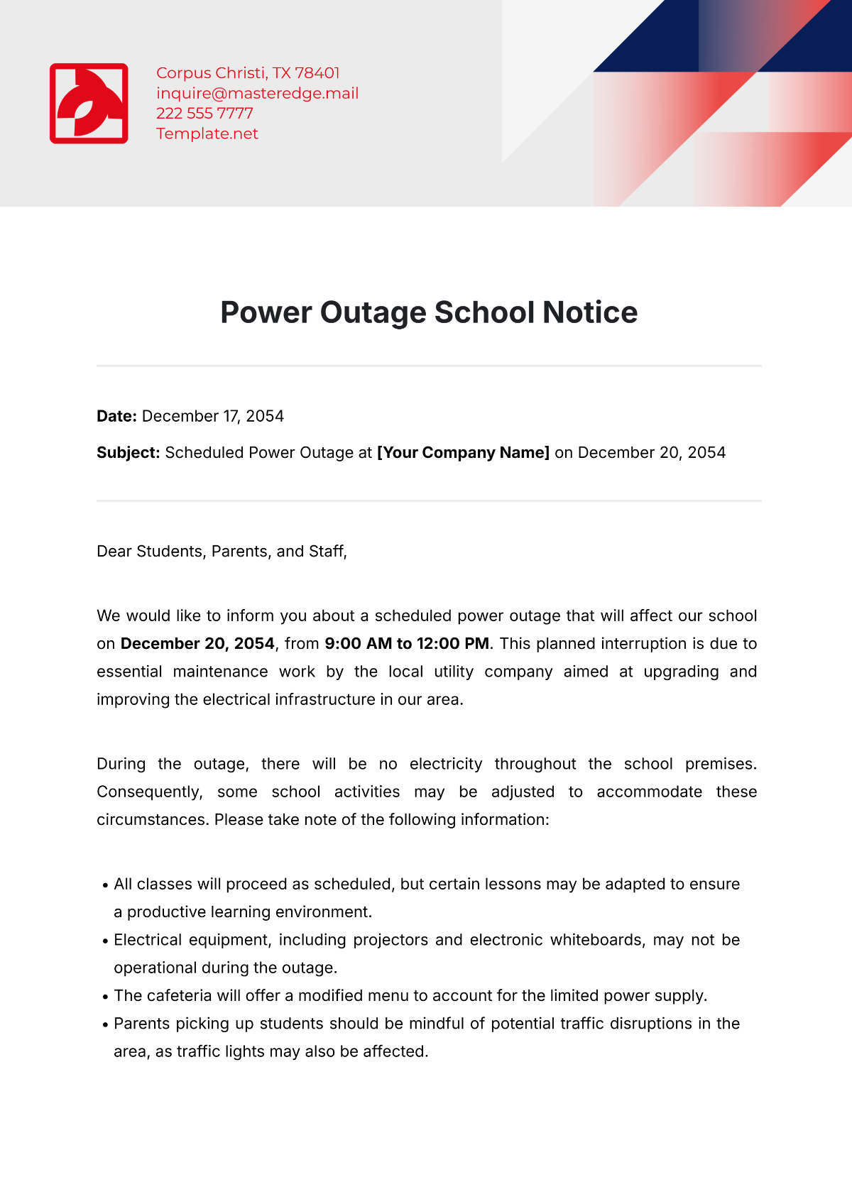 Power Outage School Notice Template - Edit Online & Download