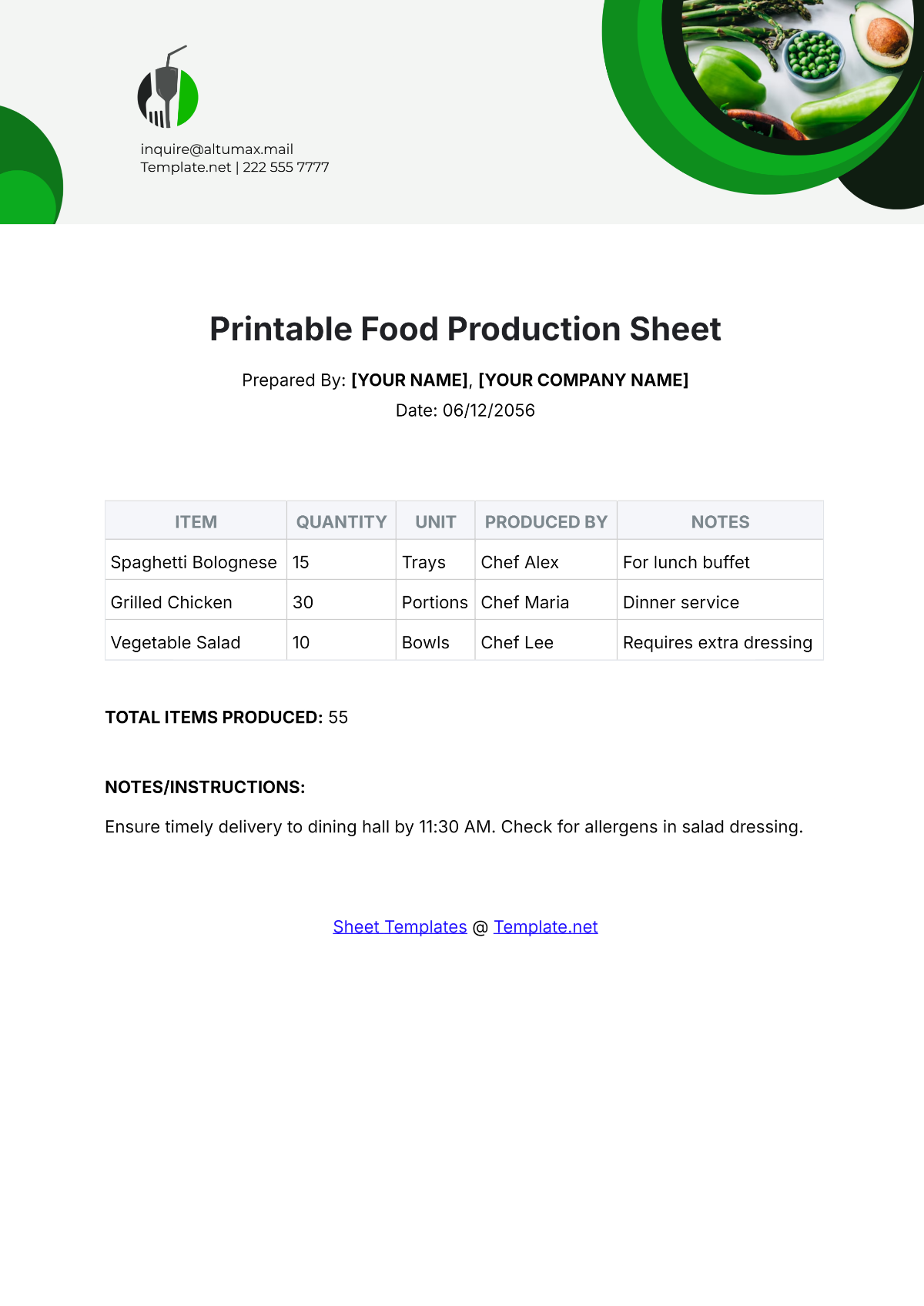 Printable Food Production Sheet Template - Edit Online & Download