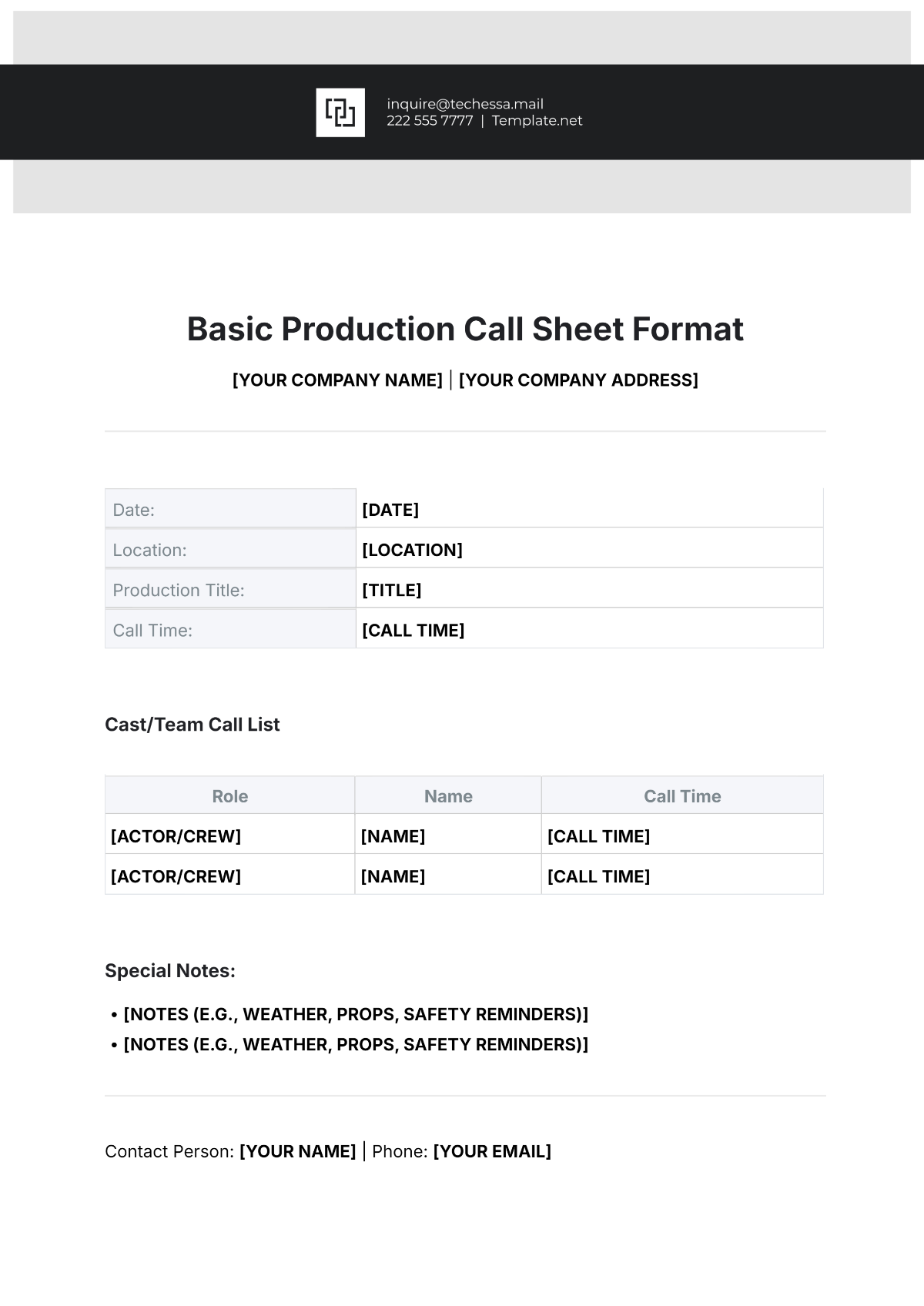 Basic Production Call Sheet Format Template - Edit Online & Download