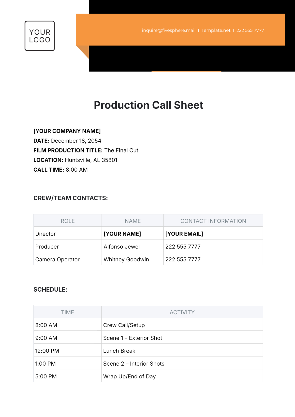 Production Call Sheet Template - Edit Online & Download