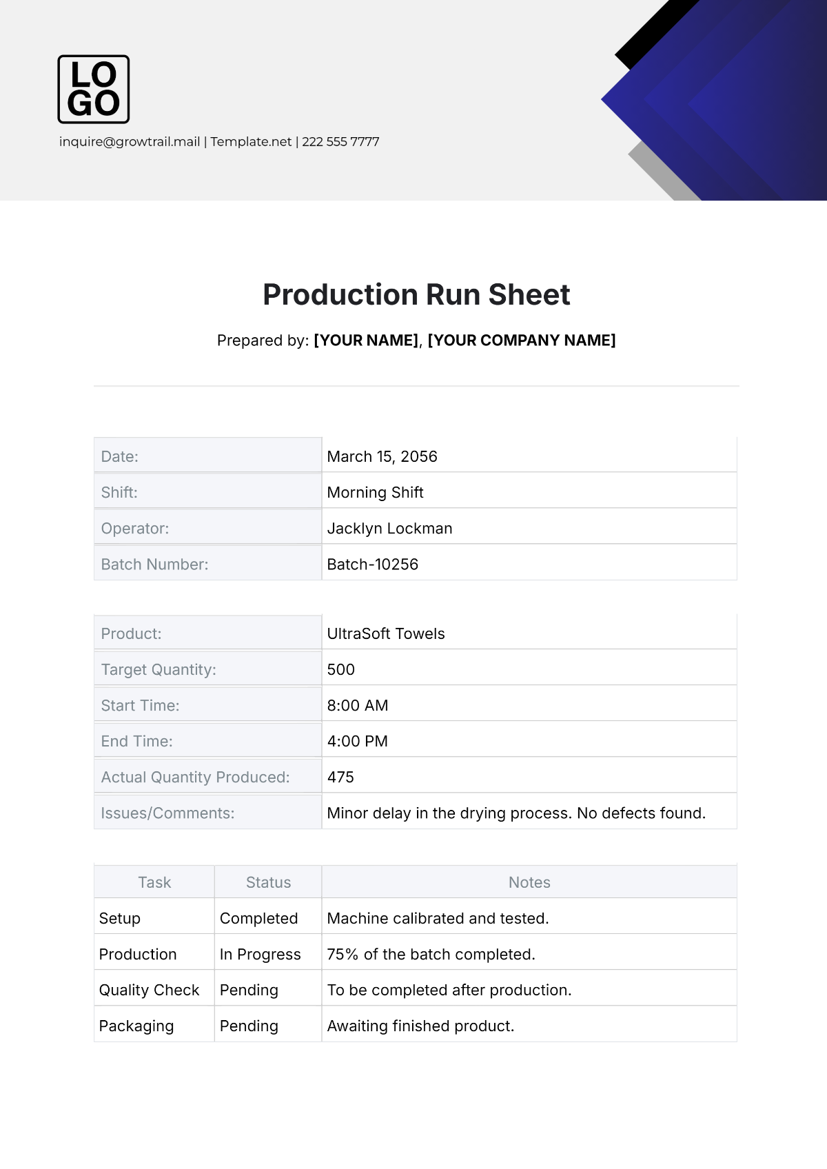 Production Run Sheet Template - Edit Online & Download