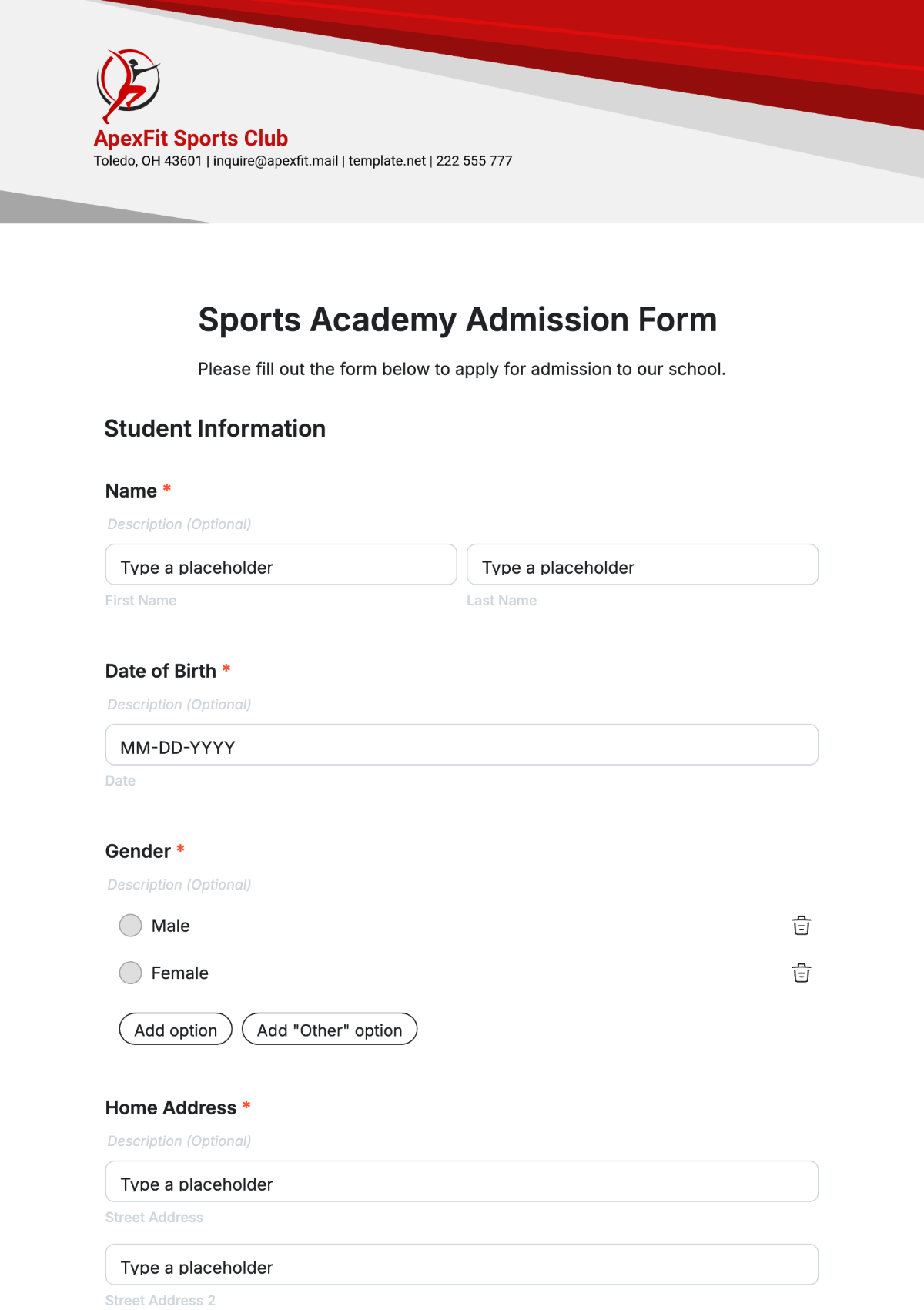 Sports Academy Admission Form Template - Edit Online & Download