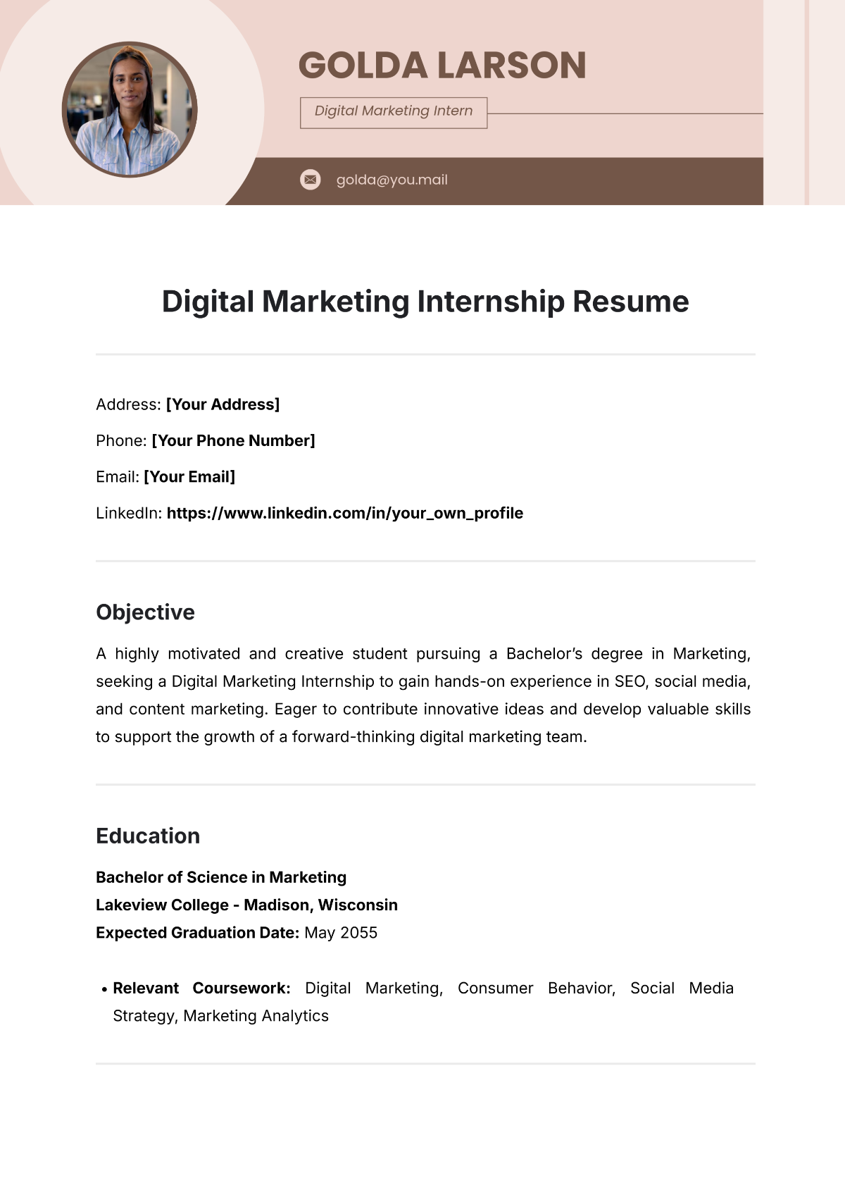 Digital Marketing Internship Resume Template - Edit Online & Download