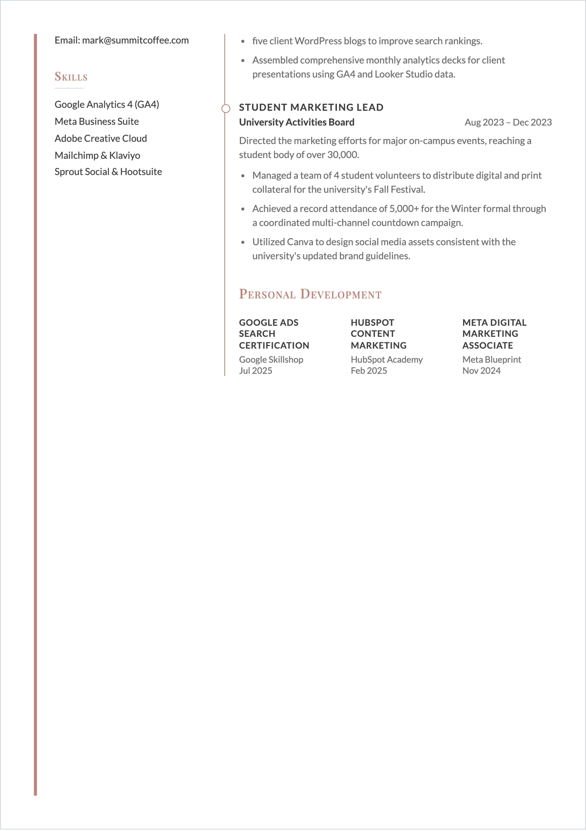 Free Digital Marketing Internship ATS Resume Template