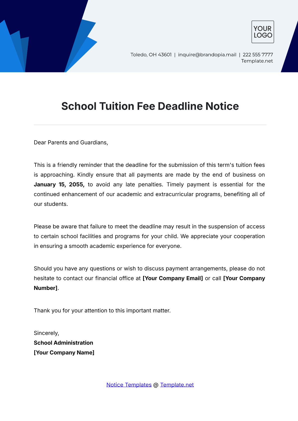 School Tuition Fee Deadline Notice Template - Edit Online & Download