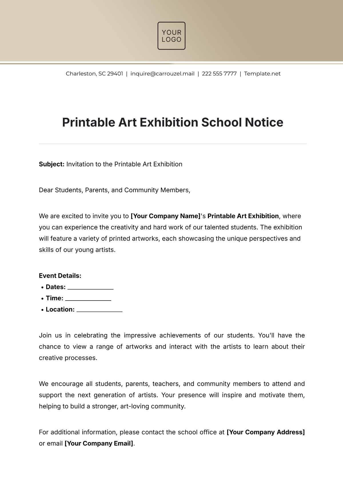 Printable Art Exhibition School Notice Template - Edit Online & Download