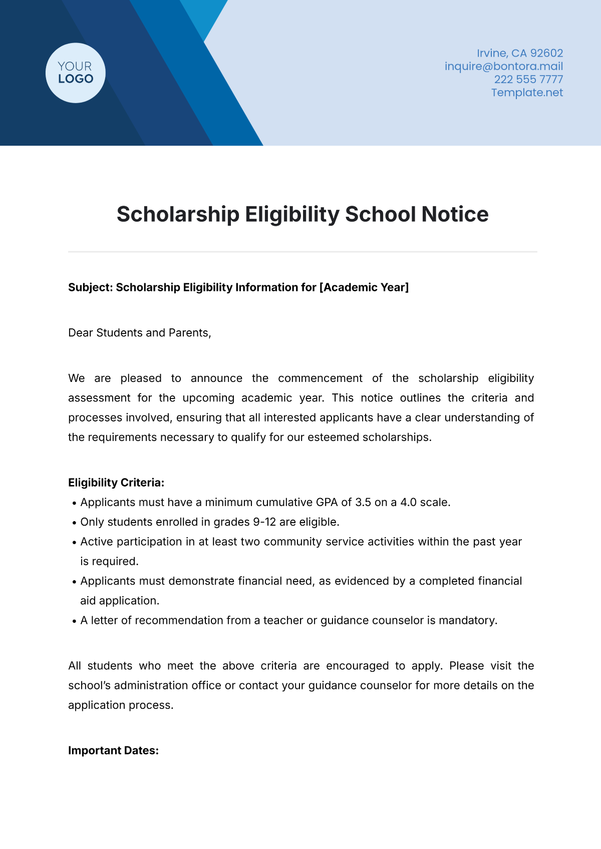 Scholarship Eligibility School Notice Template - Edit Online & Download