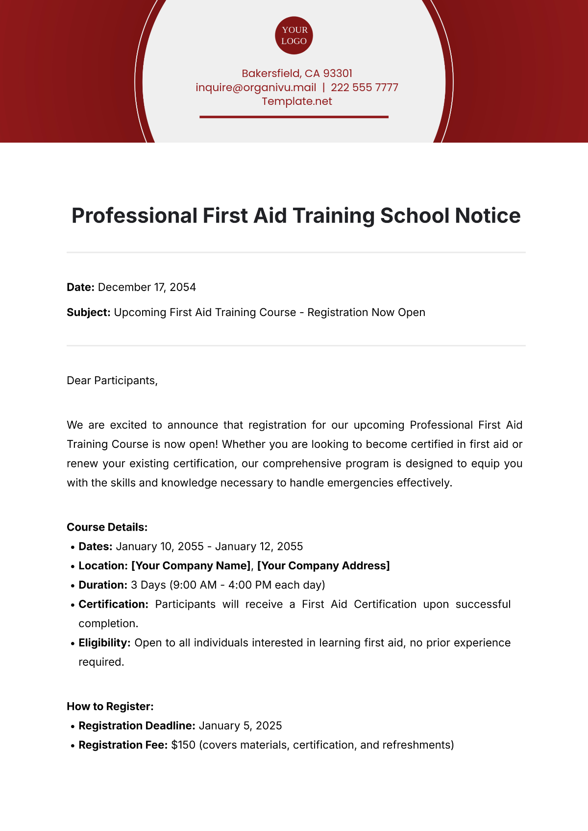 Professional First Aid Training School Notice Template - Edit Online & Download