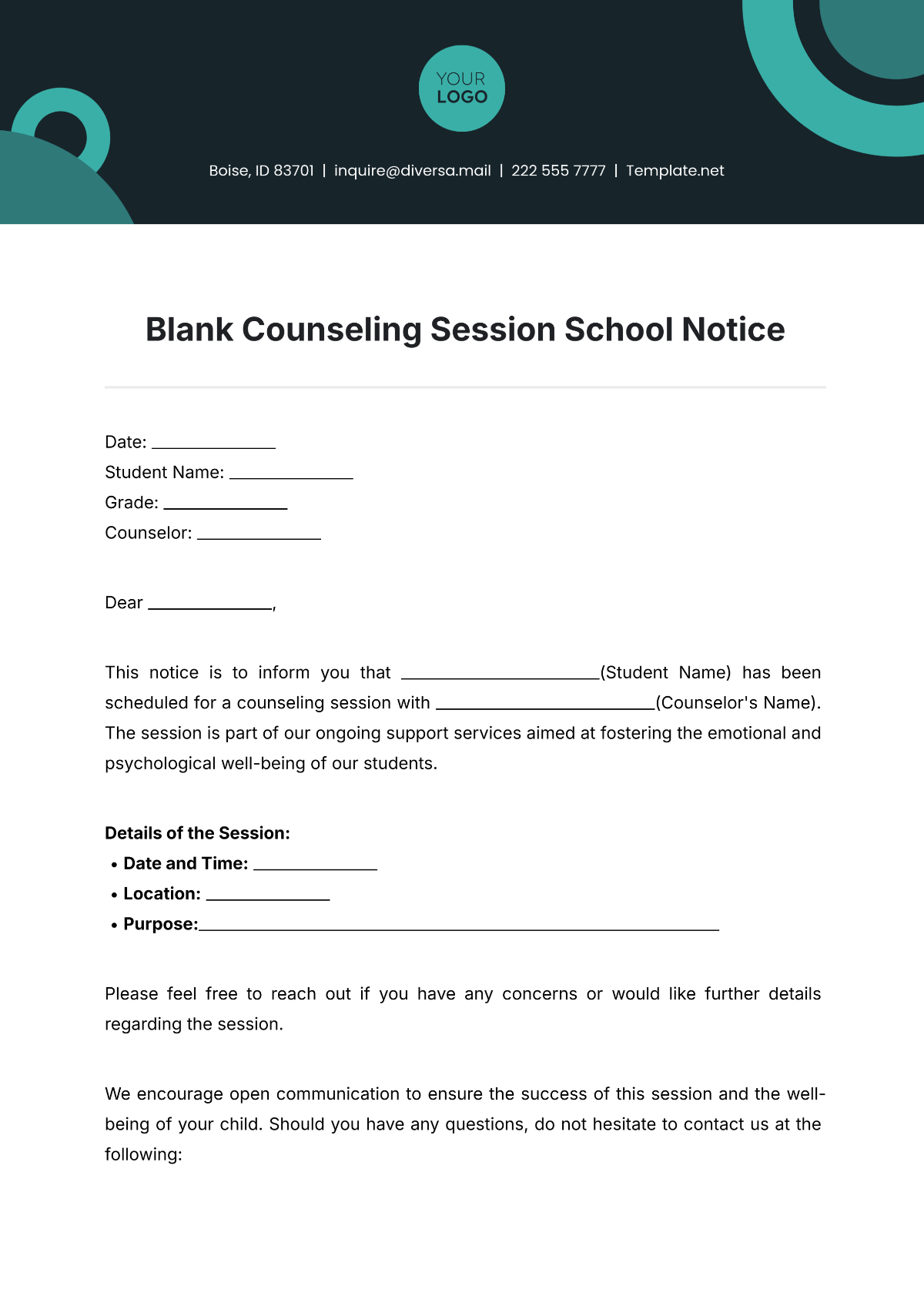 Blank Counseling Session School Notice Template - Edit Online & Download