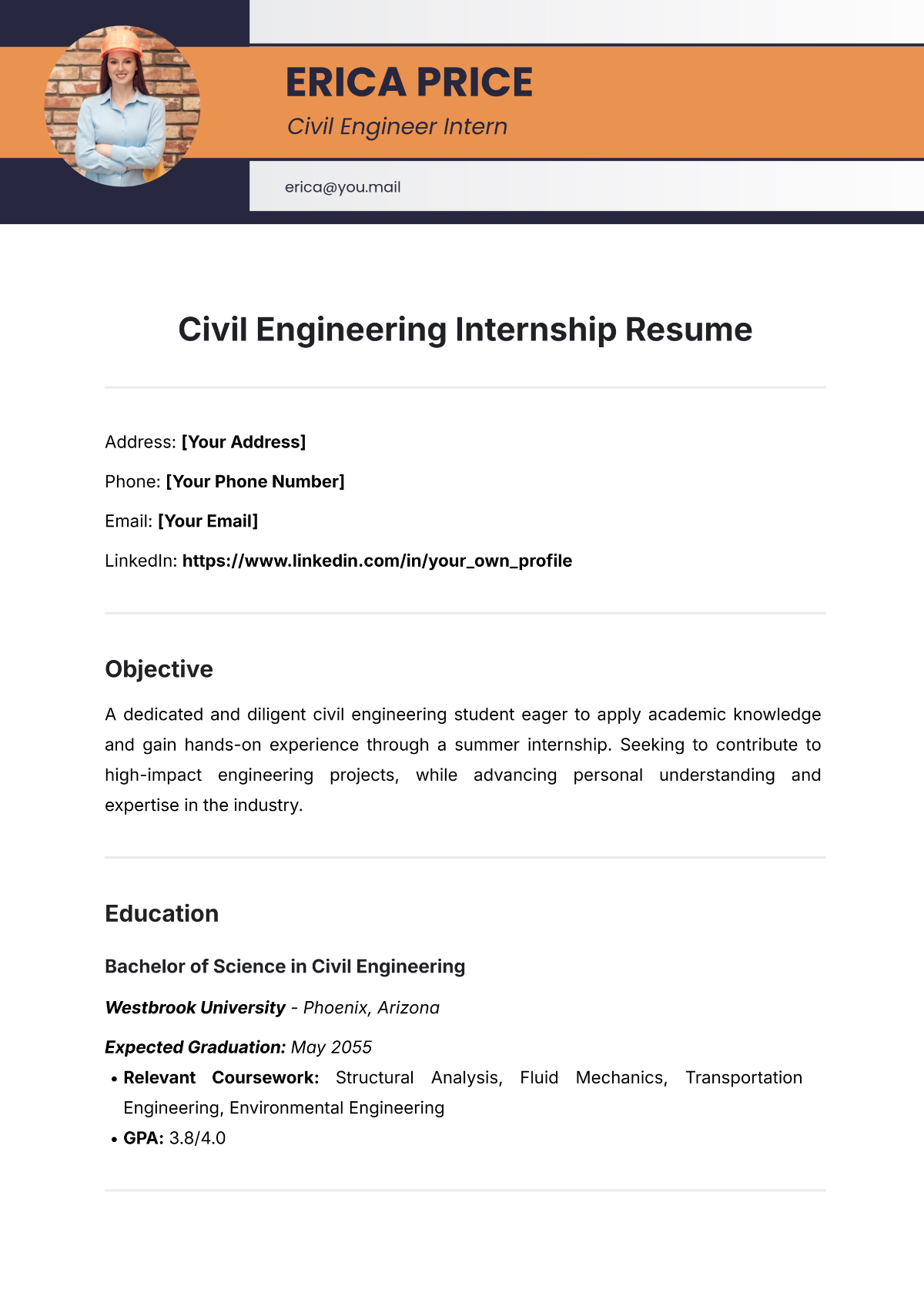 Civil Engineering Internship Resume Template - Edit Online & Download