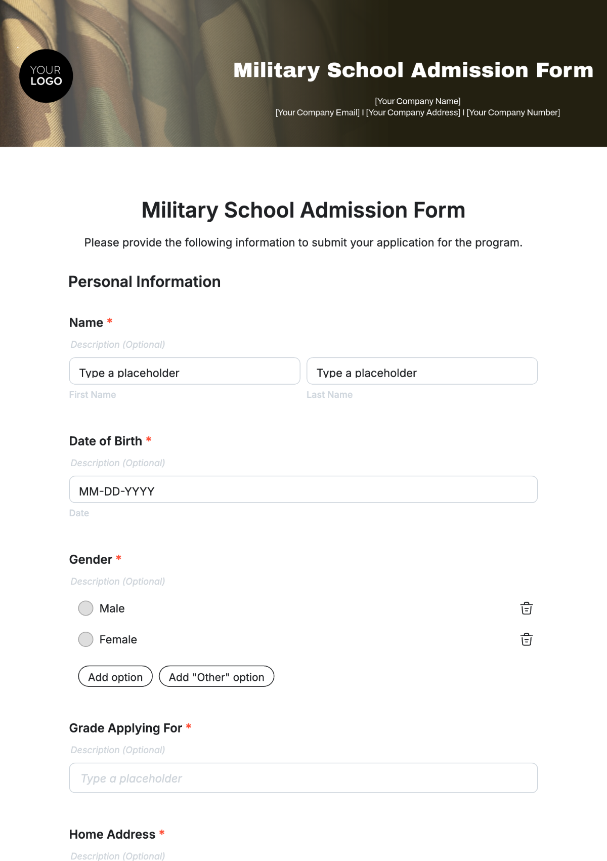 Military School Admission Form Template - Edit Online & Download