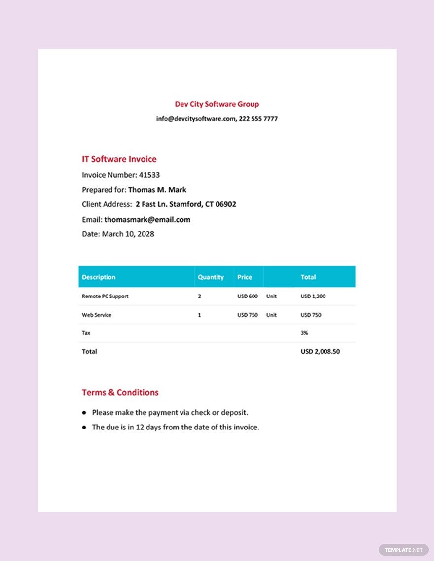 IT Software Invoice Template in Google Docs, Google Sheets, Illustrator, PSD, InDesign, Word, Pages - Download | Template.net