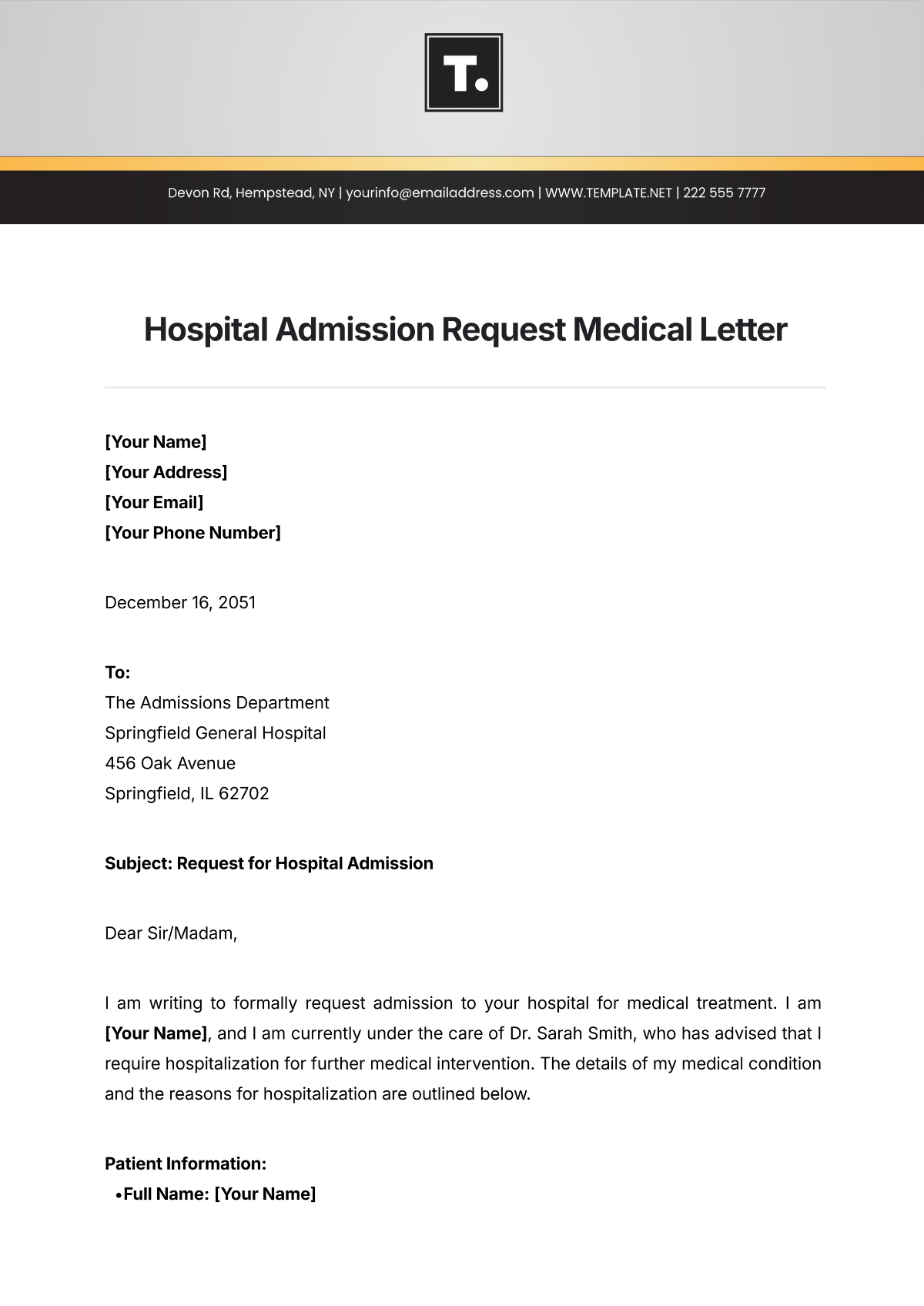 Hospital Admission Request Medical Letter Template - Edit Online & Download