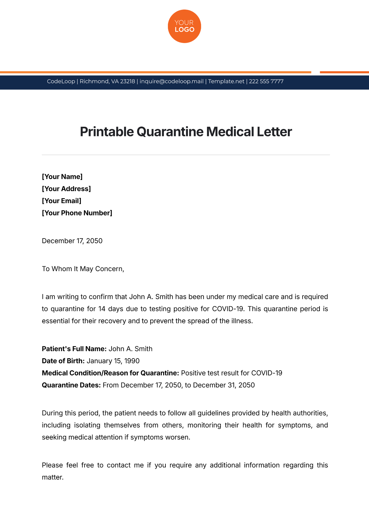 Printable Quarantine Medical Letter Template - Edit Online & Download