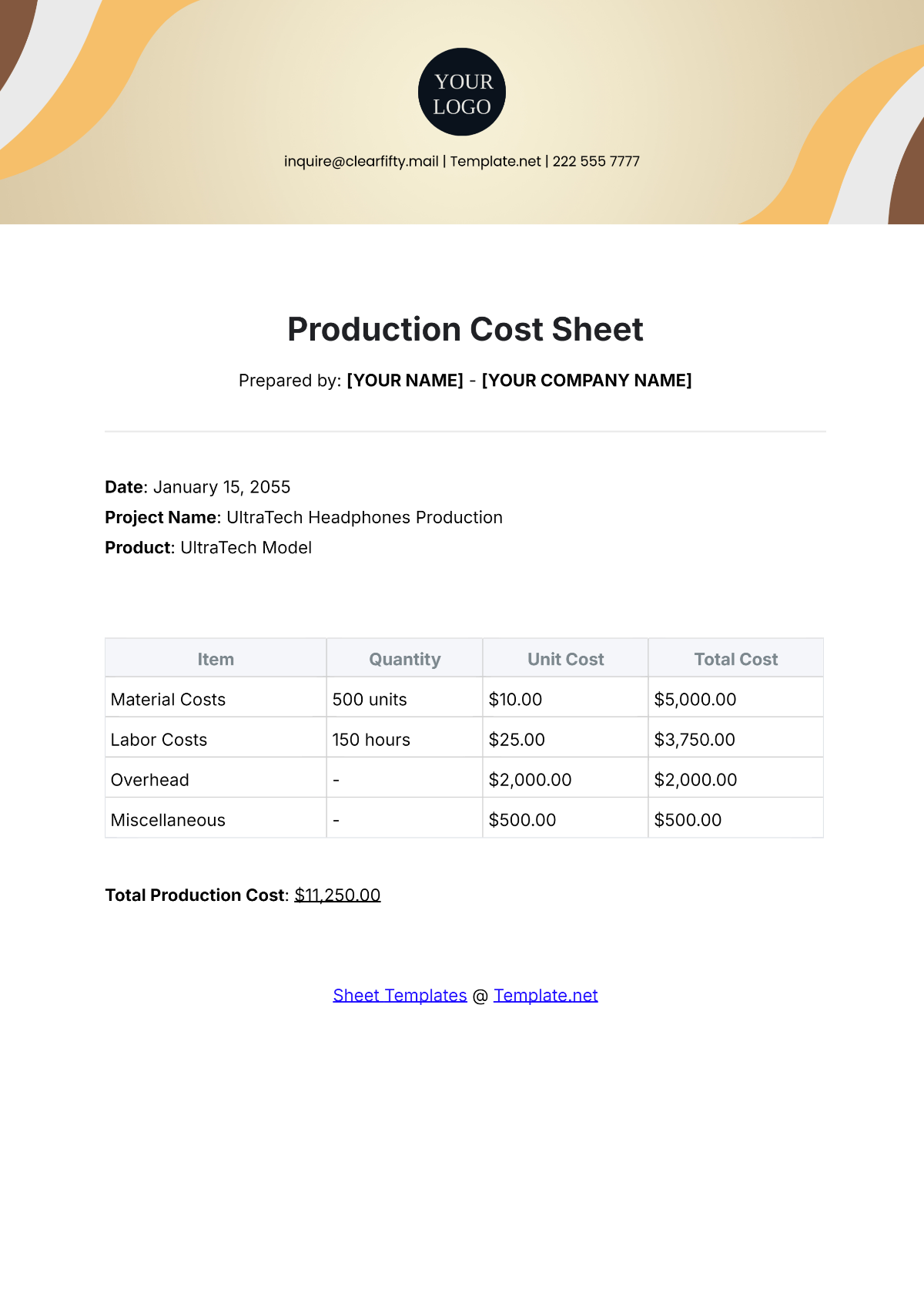 Production Cost Sheet Template - Edit Online & Download