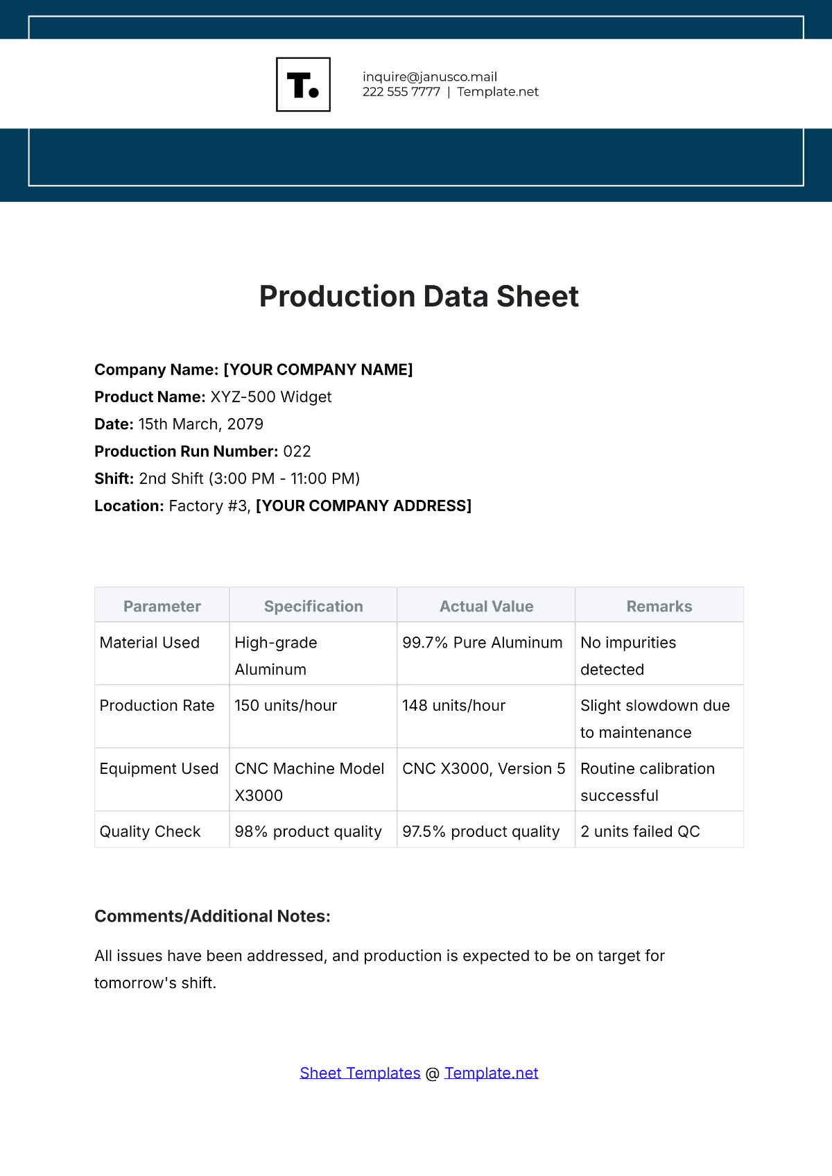 Production Data Sheet Template - Edit Online & Download