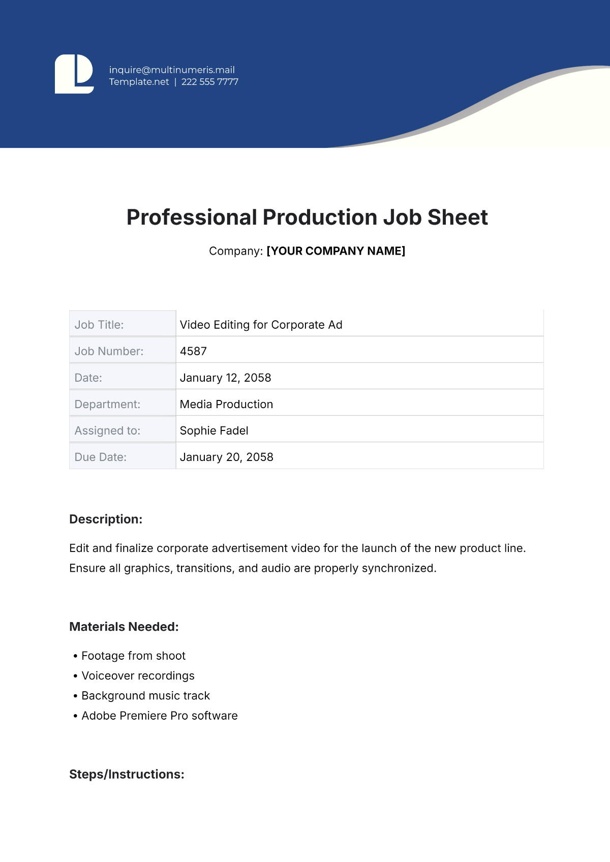 Professional Production Job Sheet Template - Edit Online & Download