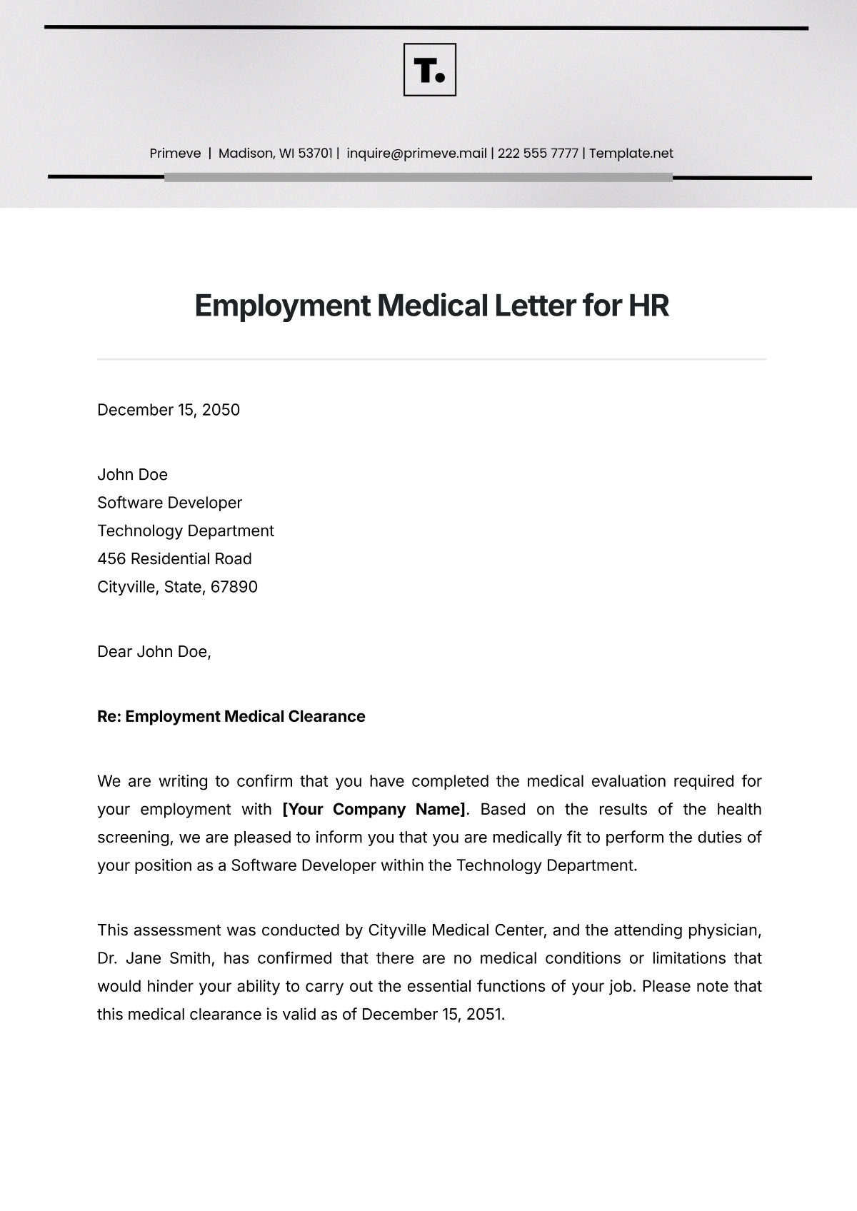 Employment Medical Letter for HR Template - Edit Online & Download