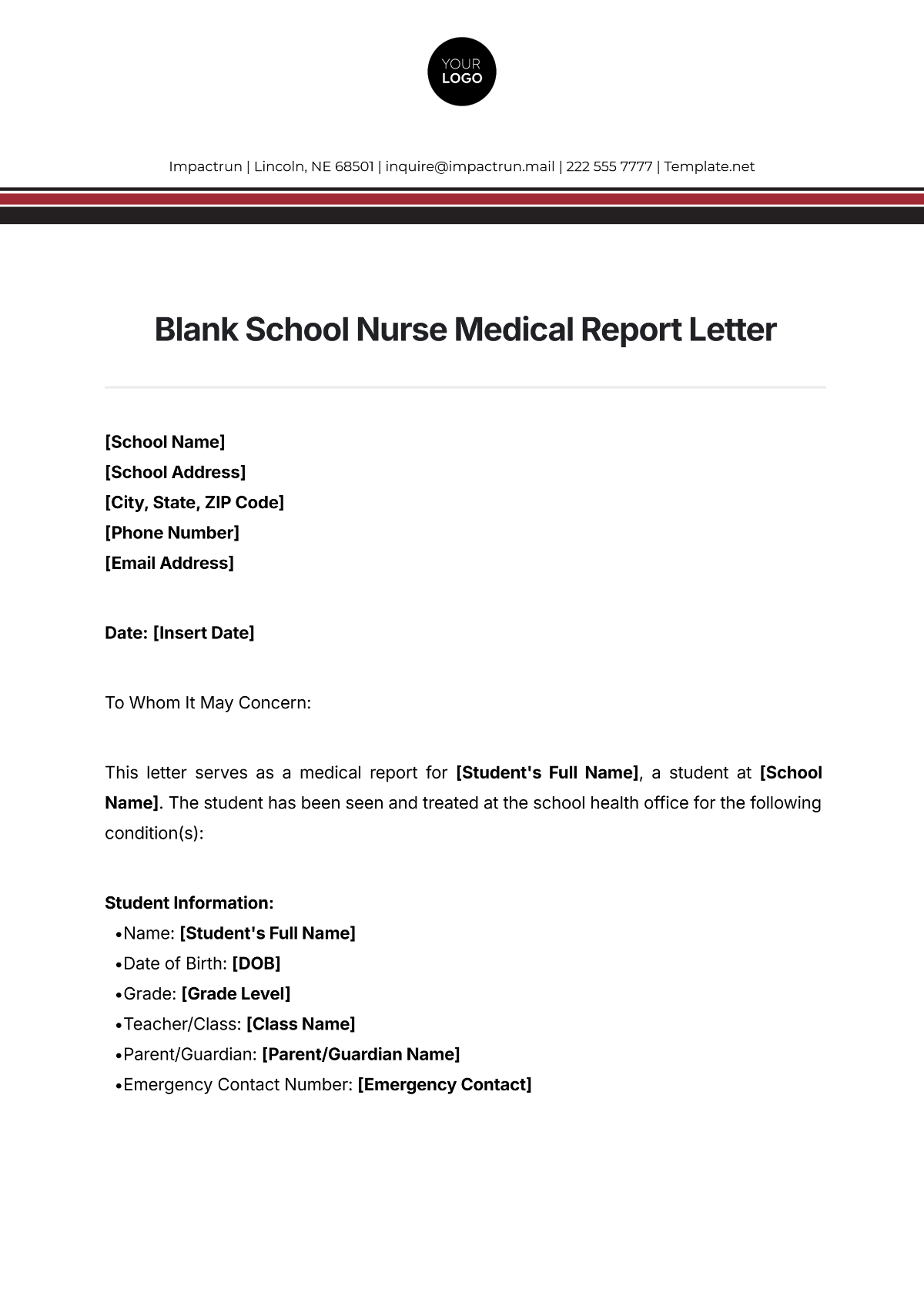 Blank School Nurse Medical Report Letter Template - Edit Online & Download