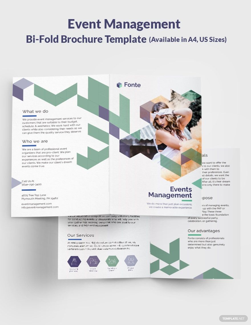 Event Management Bi-Fold Brochure Template in Word, Google Docs, Illustrator, PSD, Apple Pages, Publisher, InDesign