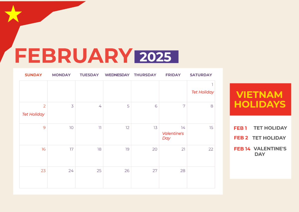 Free February 2025 Calendar with Vietnam Holidays Template - Edit Online & Download