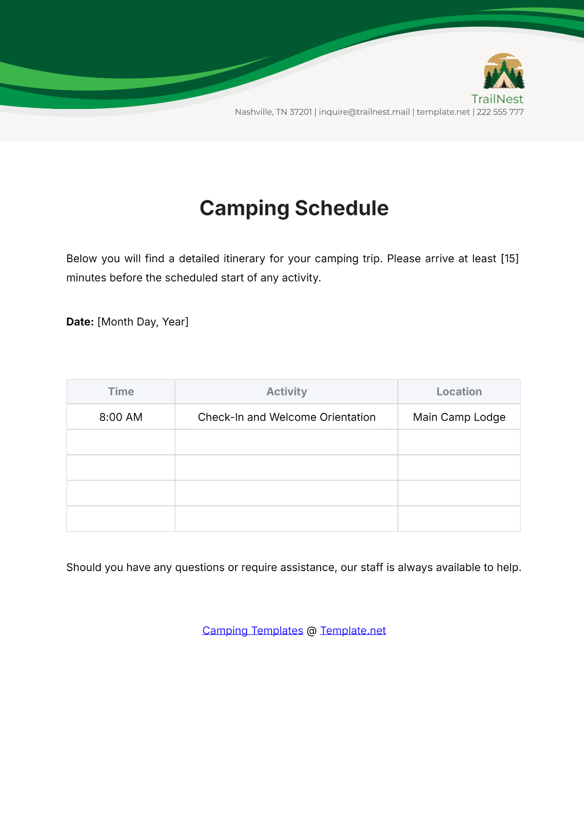 Camping Schedule Template - Edit Online & Download