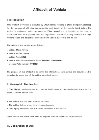 Free Affidavit of Vehicle Template to Edit Online