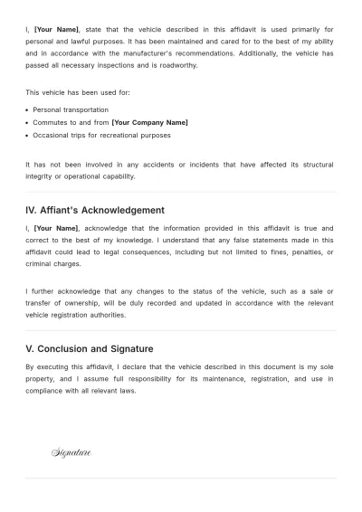 Free Affidavit of Vehicle Template to Edit Online