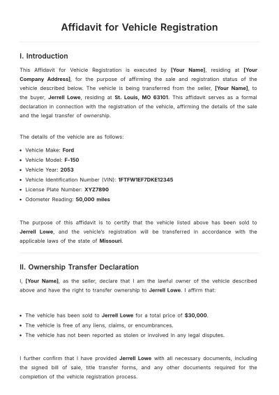Free Affidavit for Vehicle Registration Template to Edit Online
