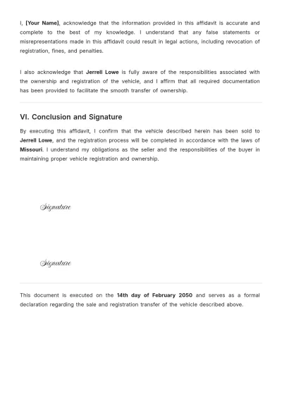 Free Affidavit for Vehicle Registration Template to Edit Online