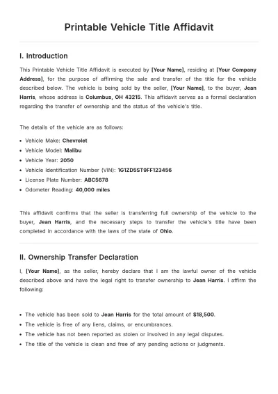 Free Printable Vehicle Title Affidavit Template to Edit Online