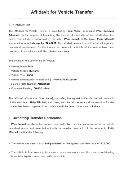 Free Affidavit for Vehicle Transfer Template to Edit Online