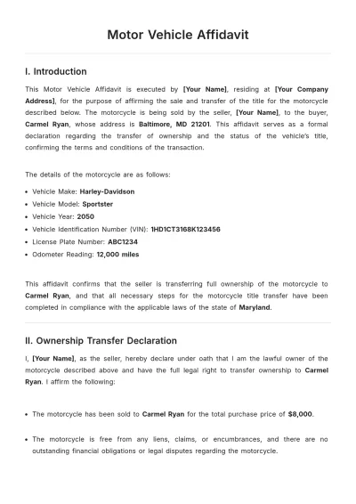 Free Motor Vehicle Affidavit Template to Edit Online