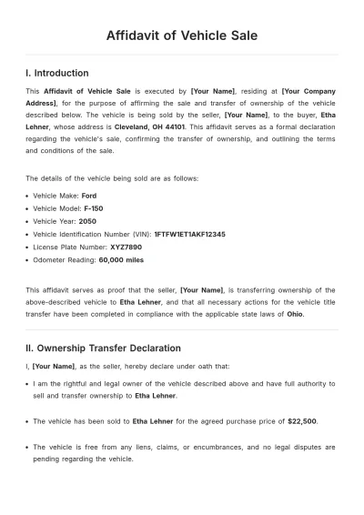 Free Affidavit of Vehicle Sale Template to Edit Online